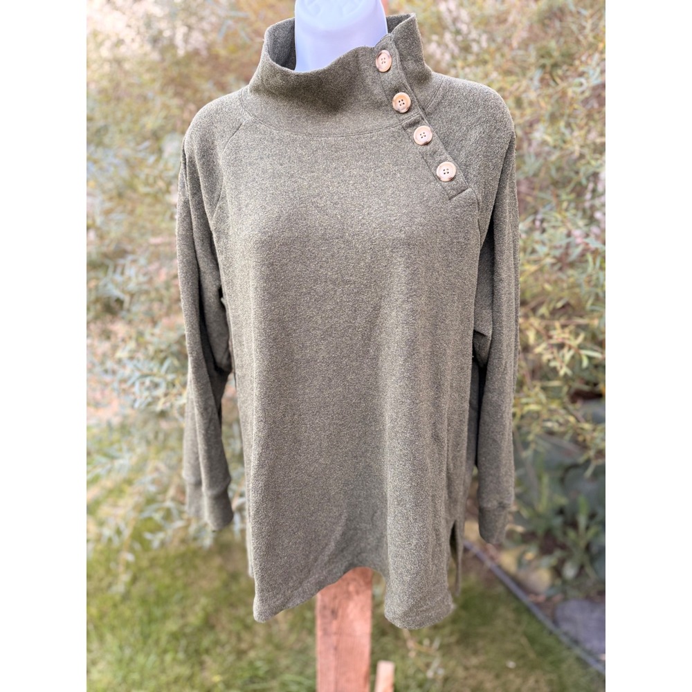 J.Crew Womens Olive Green Button Mock Neck Fleece Pullover Sweatshirt Large